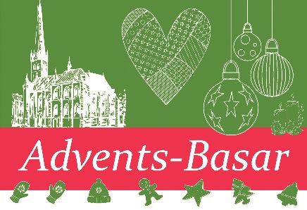 Grafik mit Lambertuskirche, Weihnachtsbaumschmuck und Schriftzug Advents-Basar