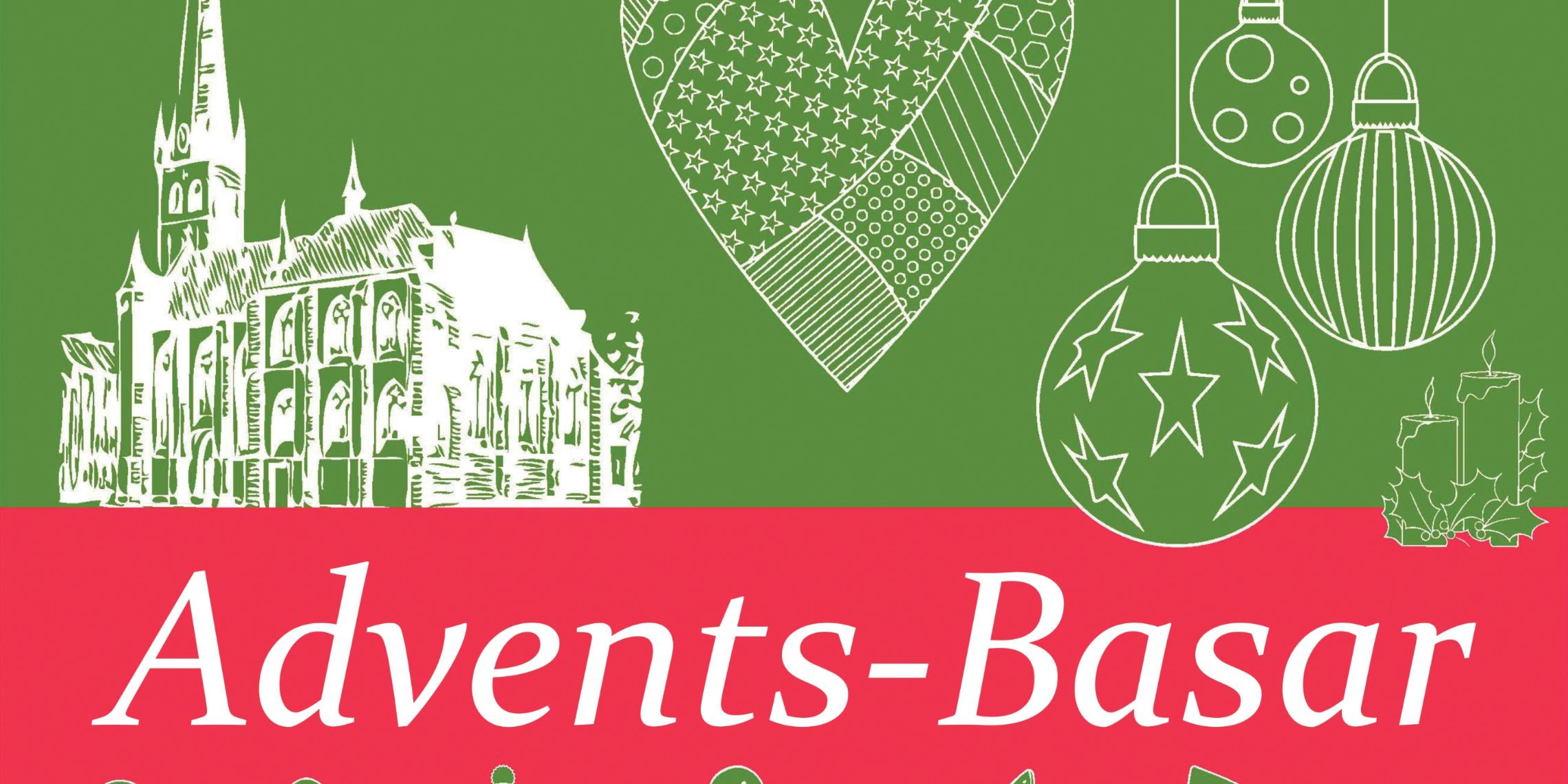 Grafik mit Lambertuskirche, Weihnachtsbaumschmuck und Schriftzug Advents-Basar