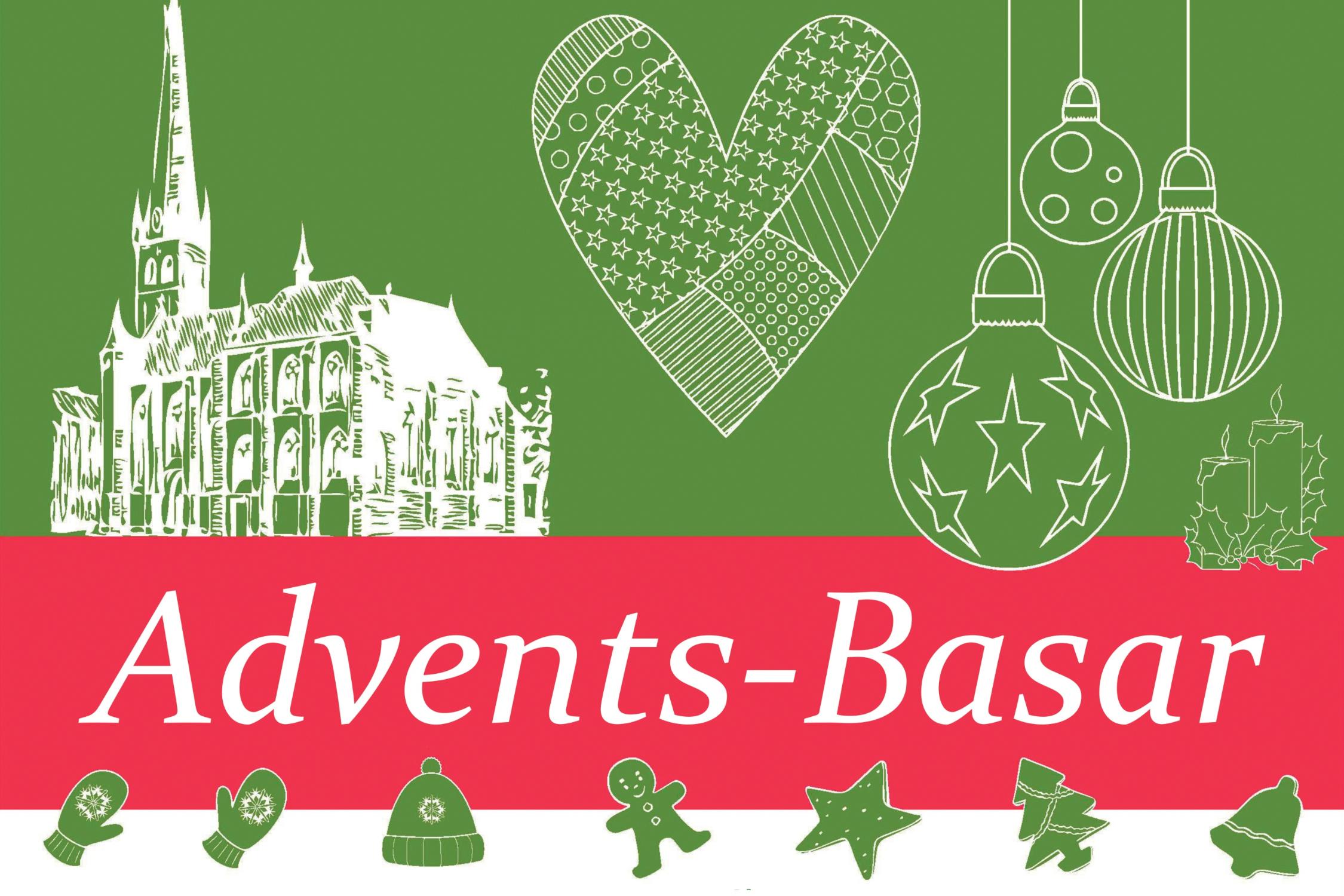 Grafik mit Lambertuskirche, Weihnachtsbaumschmuck und Schriftzug Advents-Basar