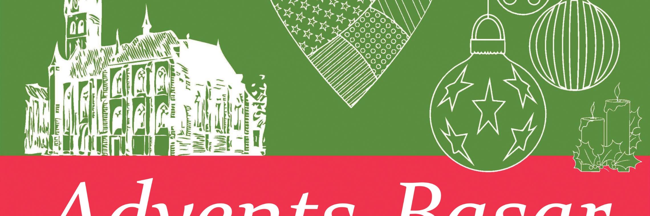 Grafik mit Lambertuskirche, Weihnachtsbaumschmuck und Schriftzug Advents-Basar