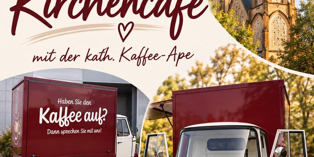 Das Bild zeigt oben rechts die beiden Türme der Kirche St. Mariä Empfängnis und in der Mitte eine Seiten und eine Frontalansicht der kath. Kaffee-Ape, eines dreirädrigen Mini-Transporters.