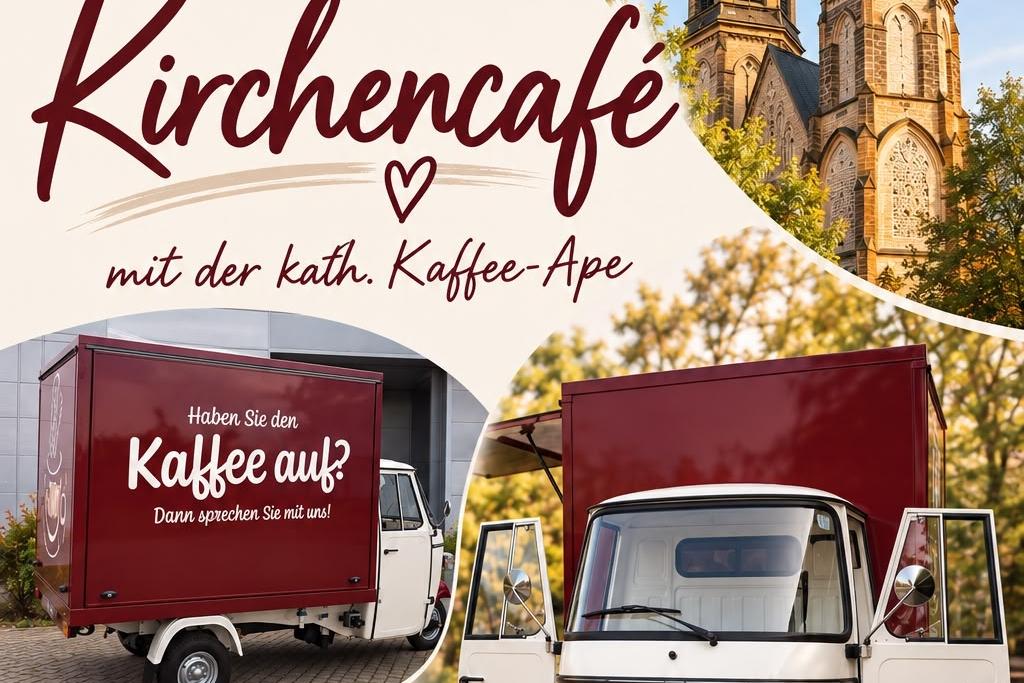 Das Bild zeigt oben rechts die beiden Türme der Kirche St. Mariä Empfängnis und in der Mitte eine Seiten und eine Frontalansicht der kath. Kaffee-Ape, eines dreirädrigen Mini-Transporters.