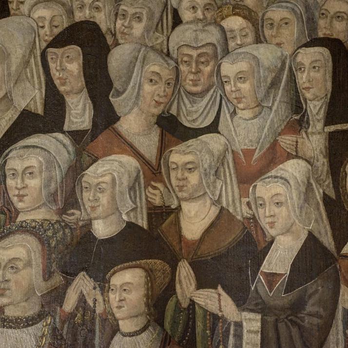 Mittelalterliches Gemälde in St. Lambertus: Frauen beten den Rosenkranz.